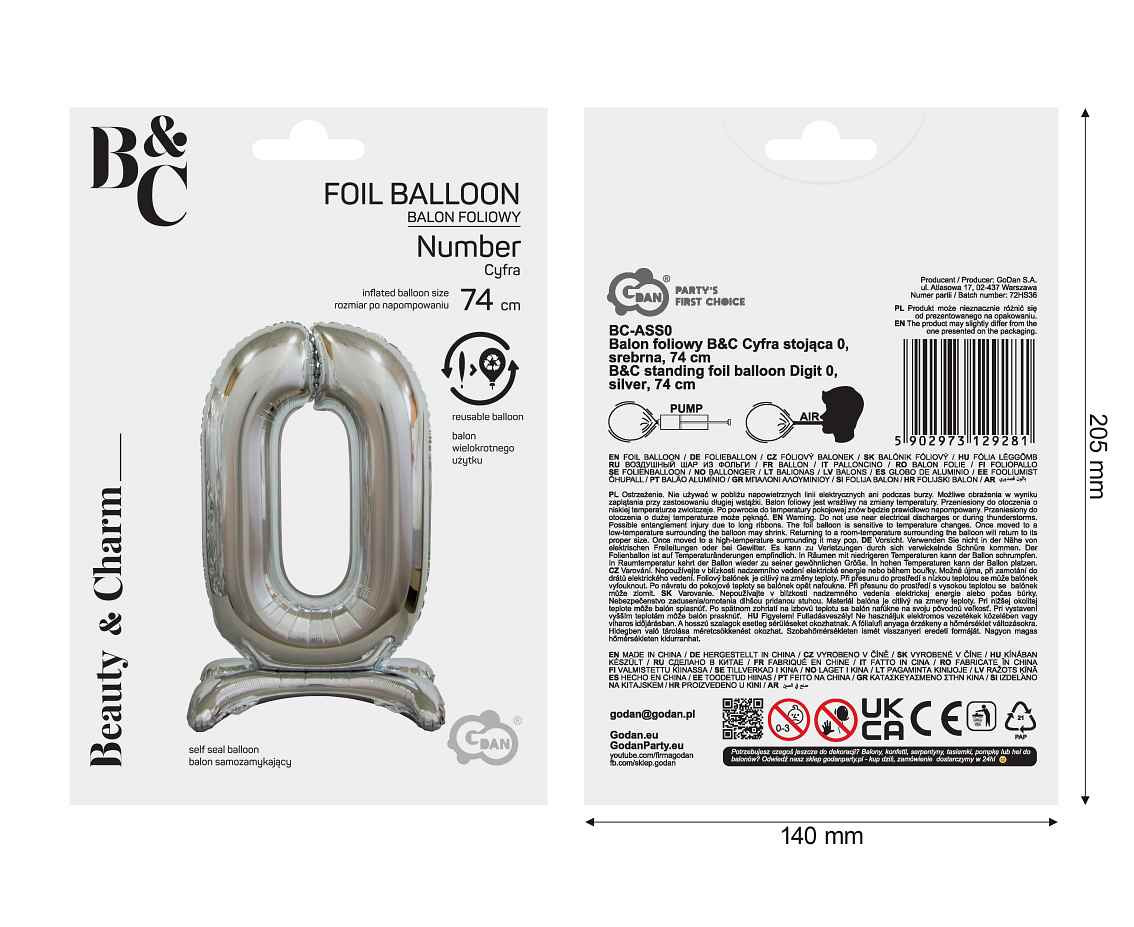 B&C standing foil balloon Digit 0, silver, 74 cm